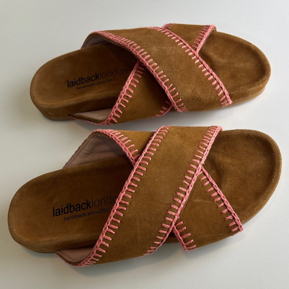 Laidback London Women's Brown Suede Crisscross Sandals with Pink Stitching NWOT - Picture 4 of 9
